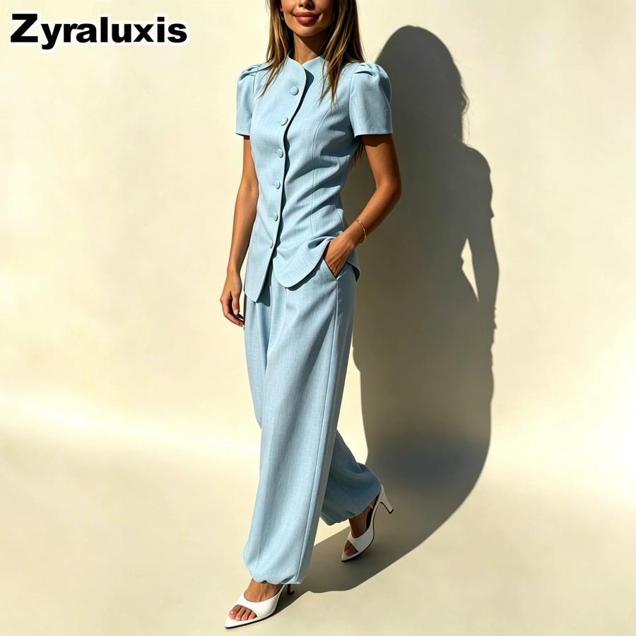 New Fashion Elegant Design Jacket Top High Waist Casual Long Pants Women's Set