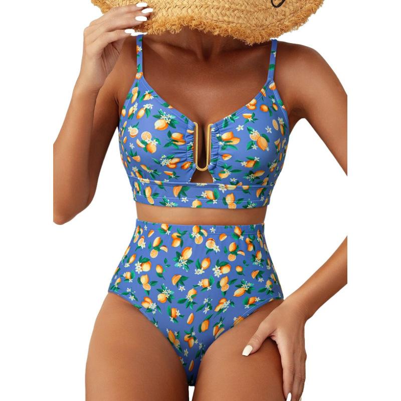 Women Floral High Waisted Bikini U Metal Ring Front Two Piece Spaghetti Strap Beach Swimsuit