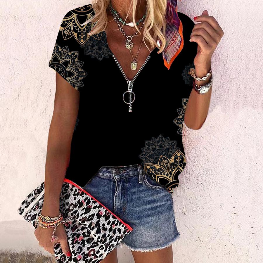 Women's Top Summer New Fashion Rose Flower Sunflower Pattern Printed Casual Zipper V-neck Short Sleeve Top
