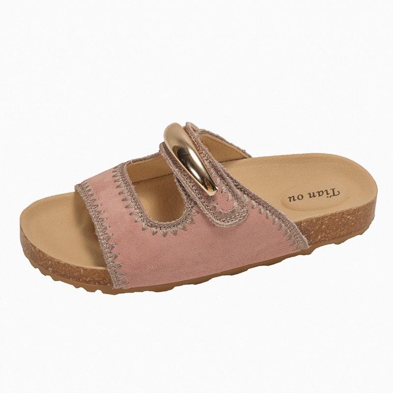 

Металлическая пряжка липучка крутые тапочки женские 2025 лето новый уличный плоская подошва мягкая подошва нескользящие шлепанцы на один ремешок тренд 40 розовый