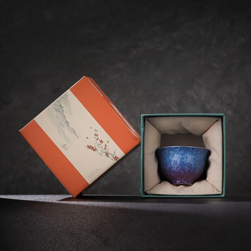 Handmade Ceramic Teacup Double Color Carved Floral Chinese Gongfu Tea Set Personal Master Cup for Tea Ceremony Festival Gift