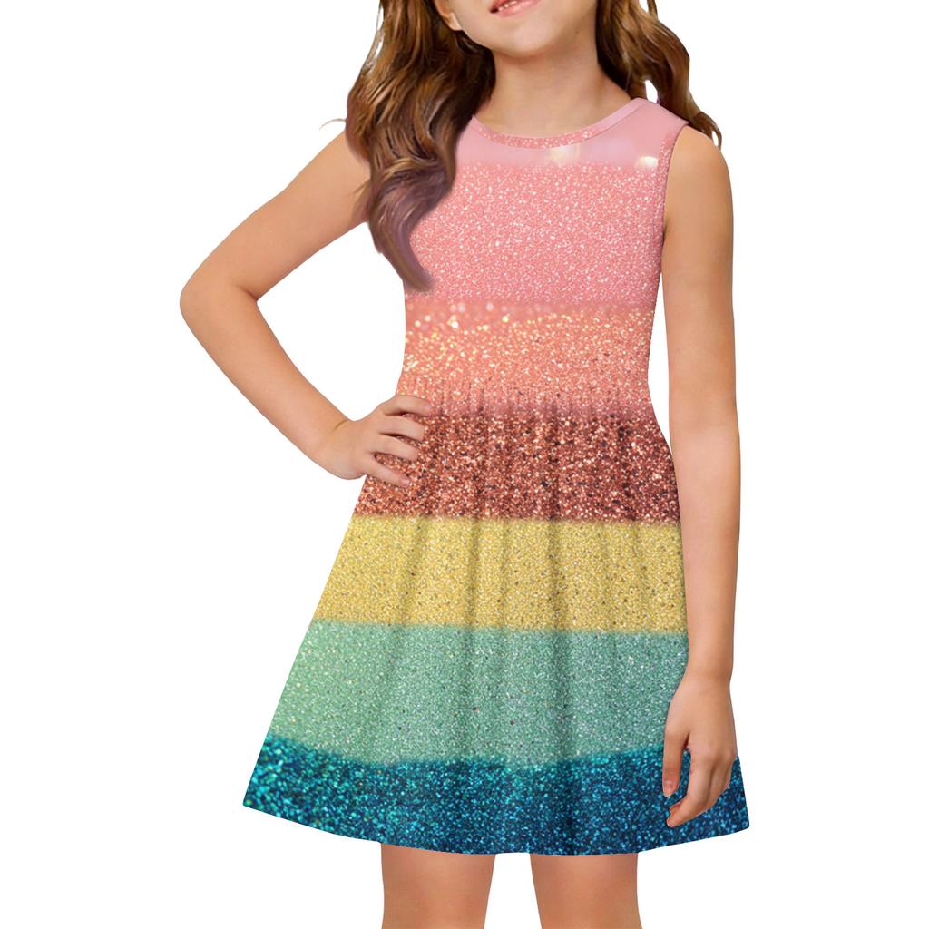 Girls sleeveless print dress with round neck and flared A line skirt casual kids summer outfit