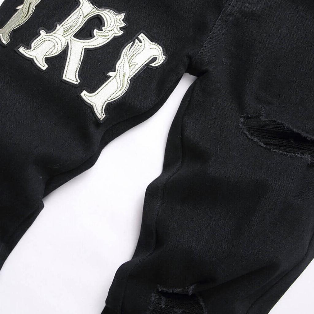 Pantalones vaqueros de moda para jóvenes de Denim Street, con agujeros bordados y elásticos, de pierna pequeña, para hombre