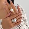 IngeSight.Z Exaggerated Big Irregular Metal Wide Ring for Women Creative Design Inlaid Imitation Pearl Finger Ring Jewelry