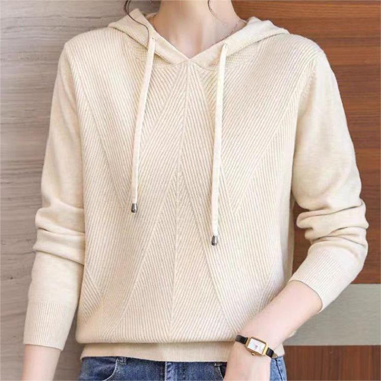 Twill Pullover Sweater Women's 2025 Fashion Casual Loose Solid Color Front Shoulder Hooded Sweater Knitted Spring Girl