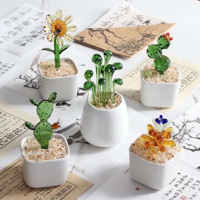 Handmade Glass Blown Cactus Cute Crystal Art Cactus Statue Collection Desk Desktop Simulation Plant Decoration
