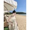 French Neck Sling Dress Women's Summer High-end Temperament Showing Thin Waist Long Dress Seaside Vacation Beach Dress