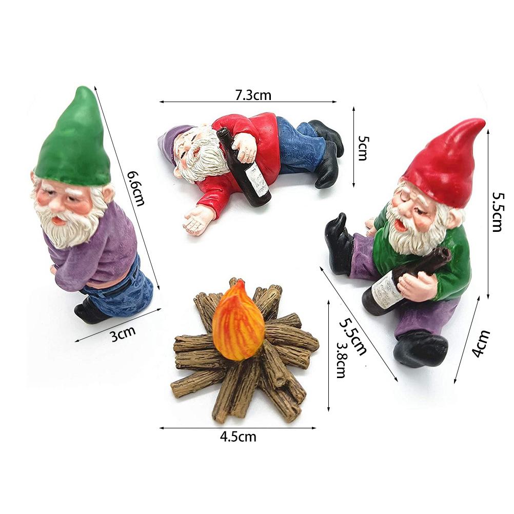 4Pcs Mini Garden Gnome Statues Drunk Peeing Bonfire Fairy Yard Decor