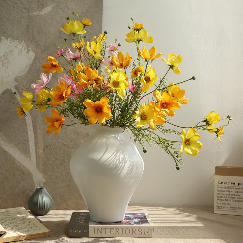 12pcs Simulation Coreopsis Silk Fake Flowers Artificial 5-Heads Coreopsis Branch White Flower Shopping Mall Decoration Plant