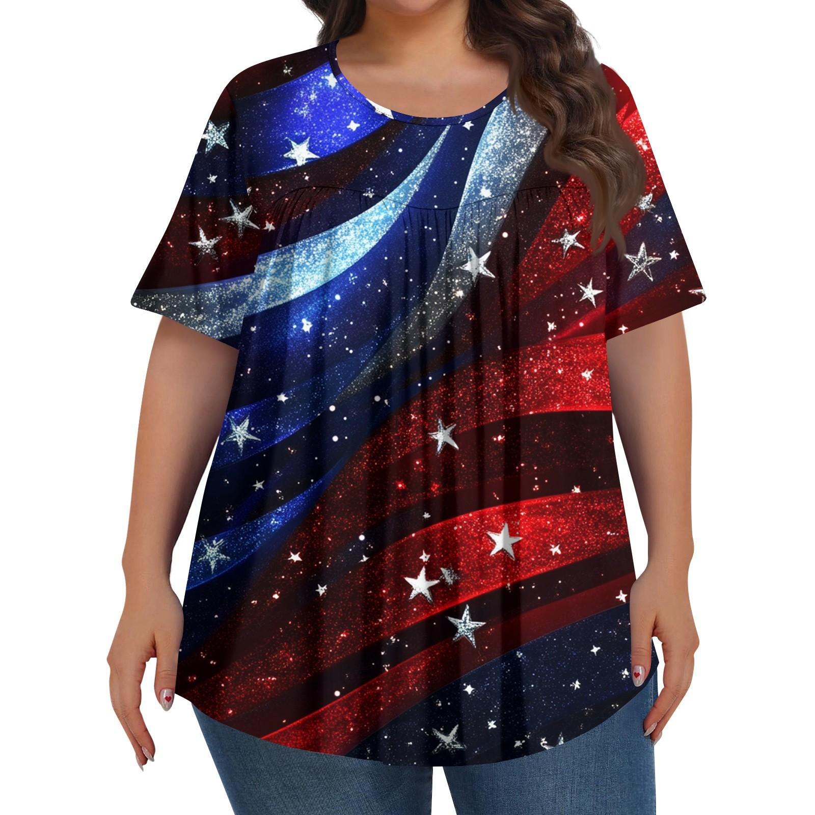 

Женская мода больших размеров, повседневный топ с короткими рукавами и принтом «День независимости», с круглым вырезом и складками спереди XXXL винный