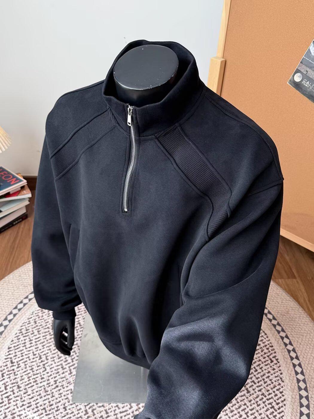 

Men s Grey Patchwork Half-Zip Stand Collar Hoodie - Casual Loose-Fit Pullover for Spring/Autumn M