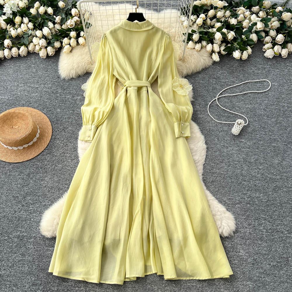 Chic Vintage Three-dimensional Single Breasted Slim Elegant Fairy Korean Fashion Boho Women Clothing Long Dress