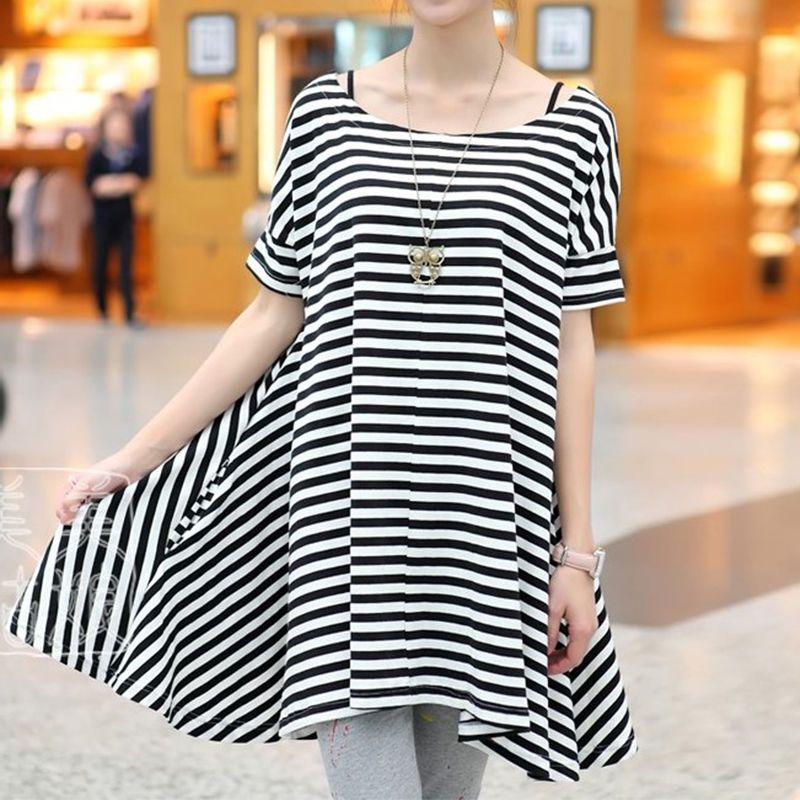 

Женская черно-белая полосатая футболка на весну и лето, новая шифоновая блузка свободного кроя с коротким рукавом, пуловер с круглым вырезом, средней длины XXXL чёрный