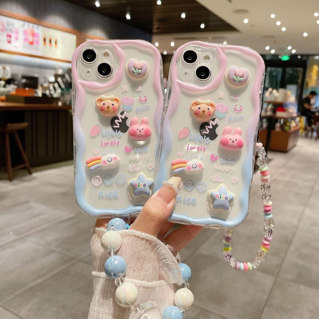Three Dimensional Waves Suitable for IPhone15 Cute Little Bear Rabbit Cartoon Mobile Phone Case Apple XSMAX 16 Protection Case