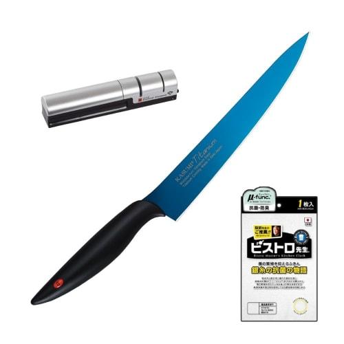 Sumikama Kasumi Carving Knife, Blue, Titanium Coated, 20cm, 20020, Diamond Sharpener, and Dishcloth Set