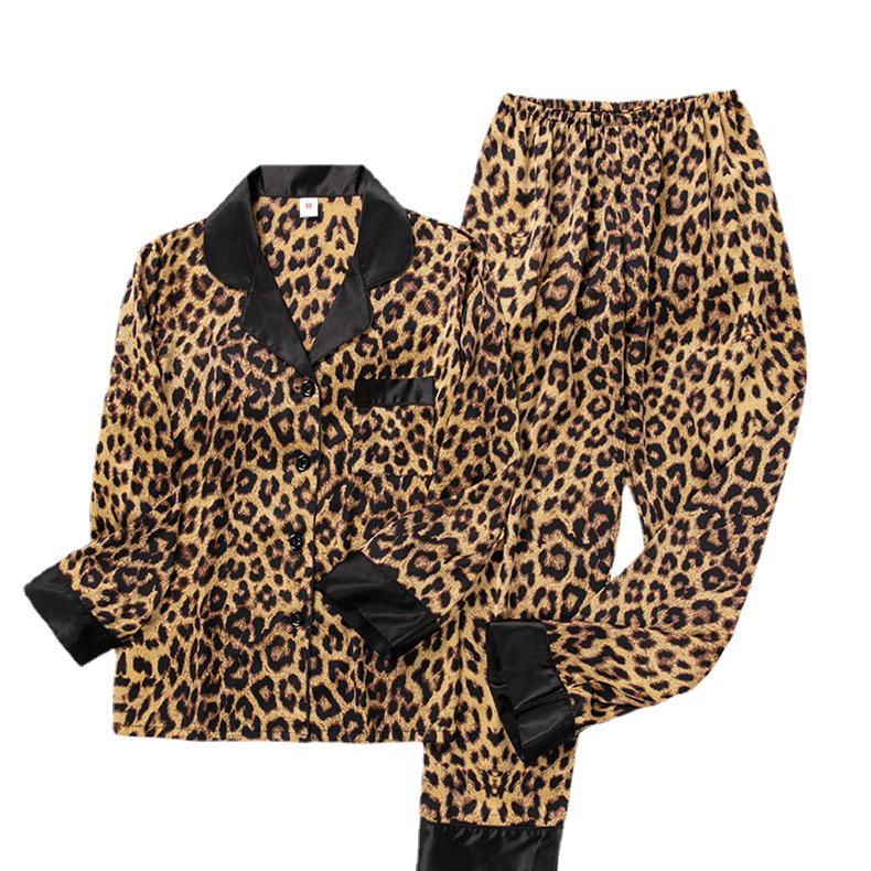 Women's Leopard Print Ice Silk Two-Piece Set – Breathable Long Sleeve Top & Pants for Summer