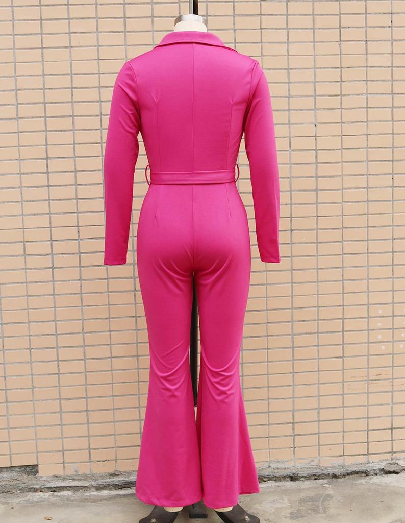 2025 Autumn/Winter Long-Sleeve Shirt Collar Jumpsuit with Mid-Waist Long Pants