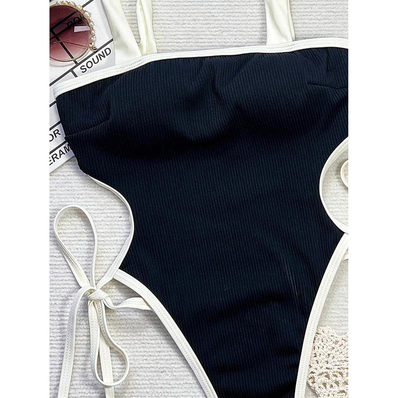 Schwarzer einteiliger Bikini-Badeanzug mit weißer Bordüre für Damen Sexy hohl geschnitten rückenfrei Bademode Seitenbandage Strand Badeanzug