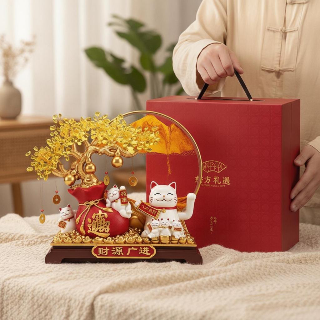 Wealth Tree Ornament with Auspicious Cat Traditional Maneki-Neko Display Festive