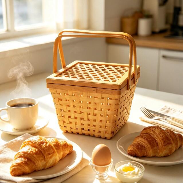 Bamboo Woven Handheld Basket with Lid for Kitchen or Snack Storage