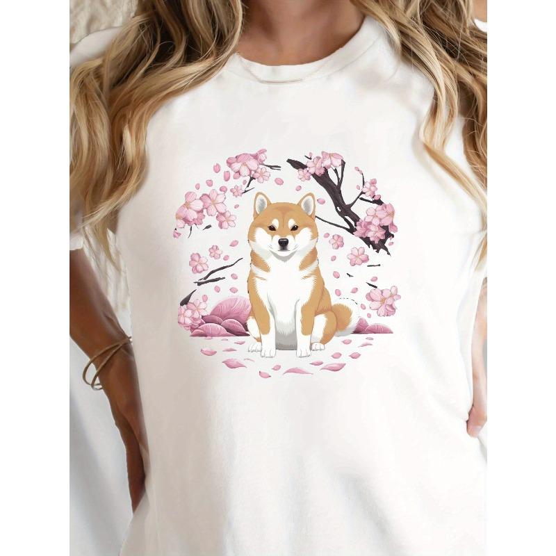 Womens Shiba Inu Cherry Blossom Print Short Sleeve Crew Neck Casual Tee S белый