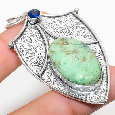 Natural Chrysoprase, Blue Topaz Gemstone 925 Sterling Silver Pendant 2.68" D4M61