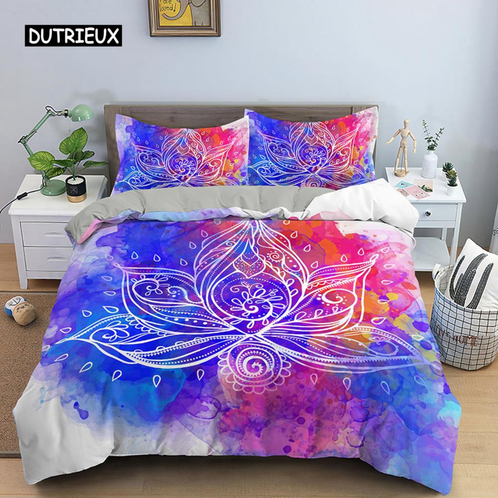 Lotus Duvet Cover Set Mandala Lotus Pattern Twin Bedding Set Exotic Boho Style for Teens Queen King Size Microfiber Quilt Cover