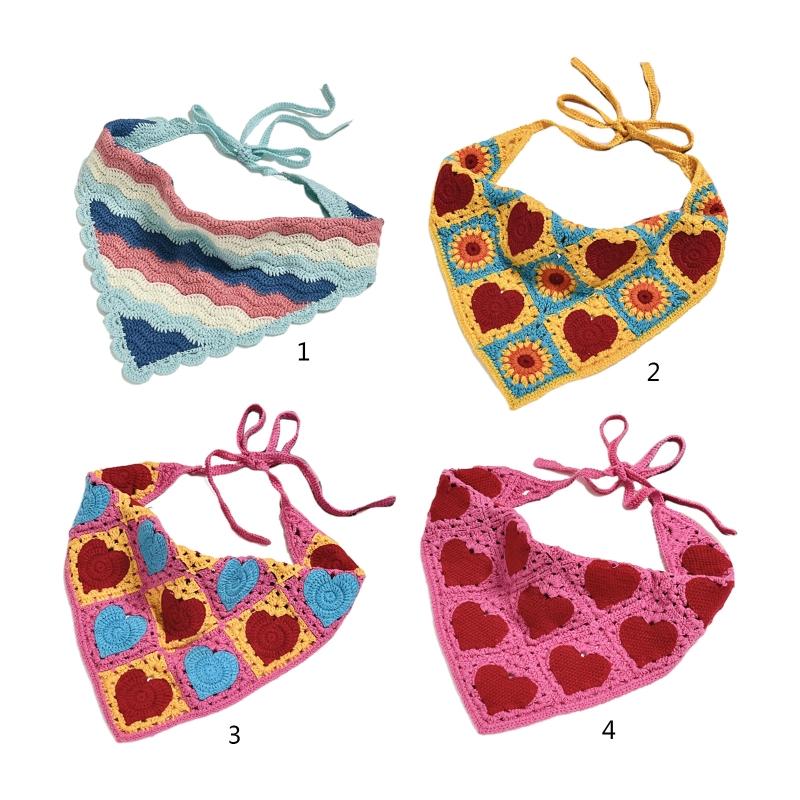 Crochet Anti-uv Bandana Knitted Hair Kerchief Tie Back for Head Wrap Color Matching for Triangle Turban for Girls Photo