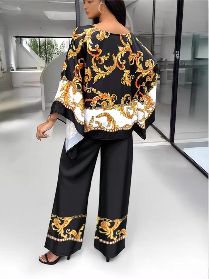 Baroque Print Batwing Sleeve Top & Elastic Waist Pants Set