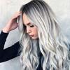 28 Inch Ombre Silver Wig Gray Long Curly Hair With Air Bangs With Free Wig Cap Cosplay Halloween Wig