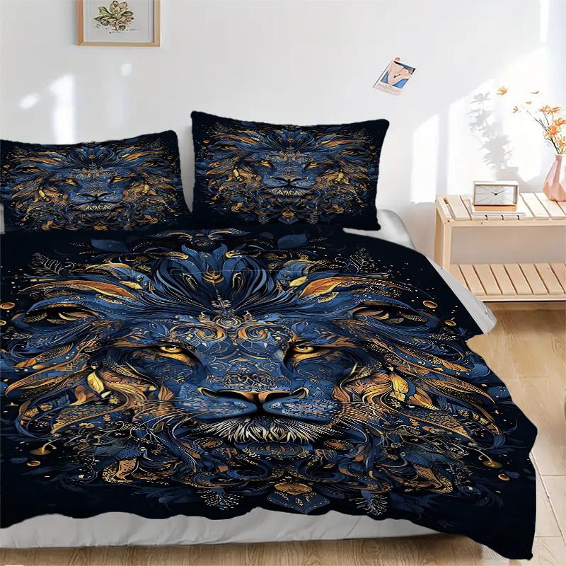 3pcs Blue and Gold Ornate Lion Portrait Print Bedding Set (1 Cover + 2 Pillowcases, Without Inserts), This Printed Bedding Set is Soft and