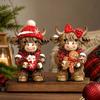 Set of 2 Christmas Cow Wood Carved Figurine Ornaments with Santa Hat, Holiday Cow Decor for Mantel Shelf