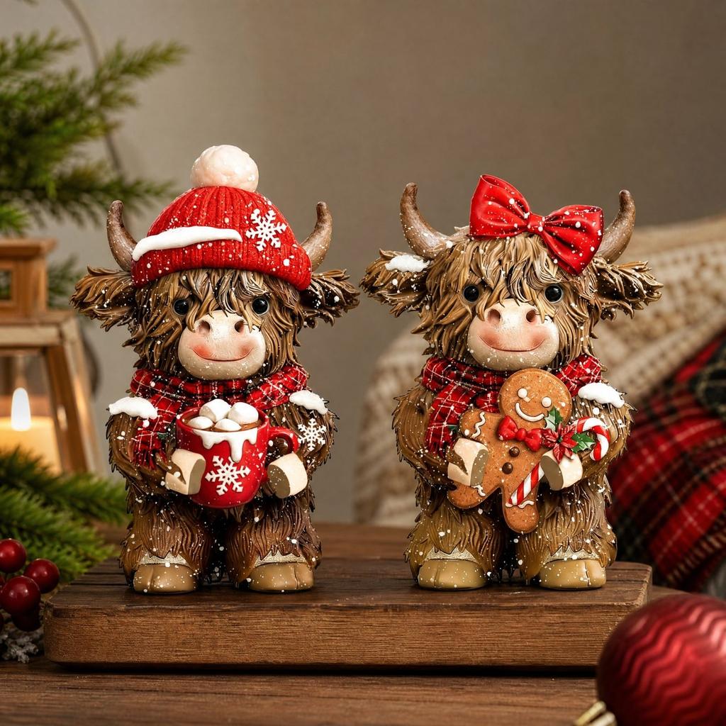 Set of 2 Christmas Cow Wood Carved Figurine Ornaments with Santa Hat, Holiday Cow Decor for Mantel Shelf
