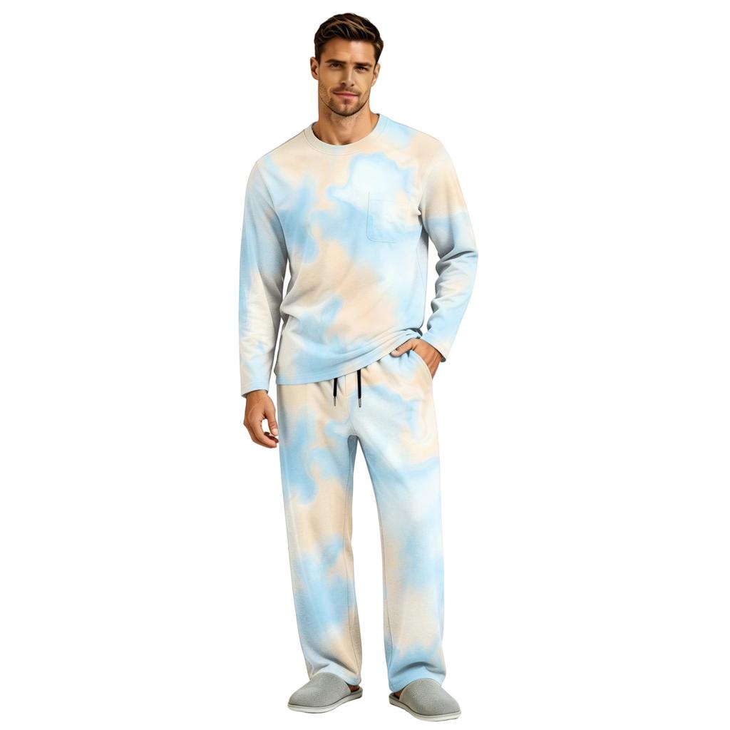 Men's Pajama Set Long Sleeve Top and Pants with Button Fly and Elastic Drawstring Waist