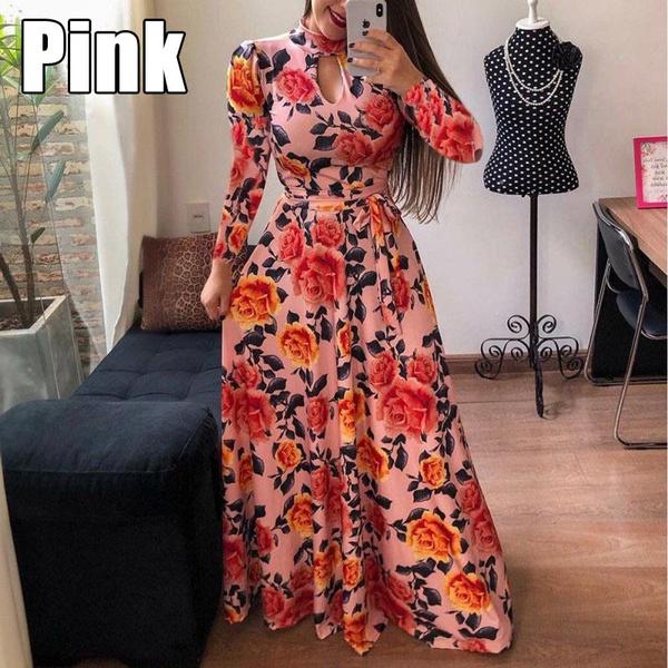 Fashion Women Casual Long Sleeve Dress Maxi Dresses High Waist Flower Dress Party Dress