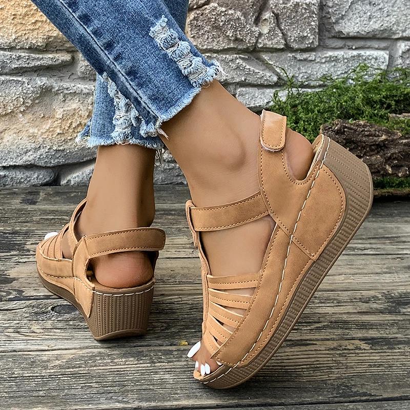Fashion Retro Hollow Out Wedge Sandals Women 2025 Summer Peep Toe Platform Gladiator Sandals Woman Thick Sole Comfortable Beach Shoes