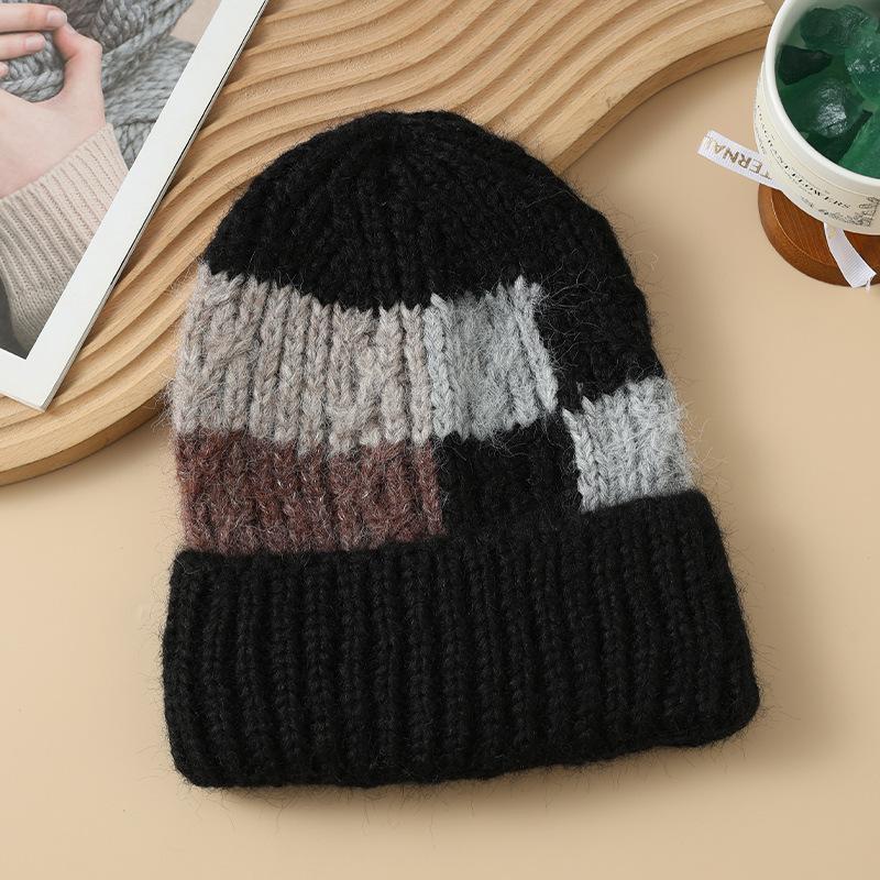 

New Autumn and Winter Square Color Block Knitted Wool Hat American Big Head Windproof Pullover Hat Outdoor Casual Warm Hat One Size