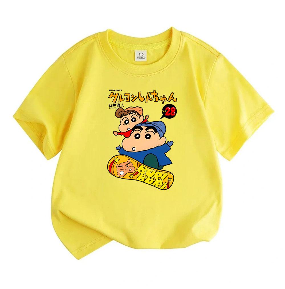Cute Cartoon Print Kids Boys Girls 100% Cotton Crew Neck Short Sleeve T-shirt, Casual Comfortable Funny Crayon Style Top for Children Daily Wear