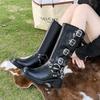 Fashion Women's High Platform Boots Metal Buckle Thick Heel Motorcycle Boots Vintage Soft Leather Punk Boot Brown Leather Knight Boot