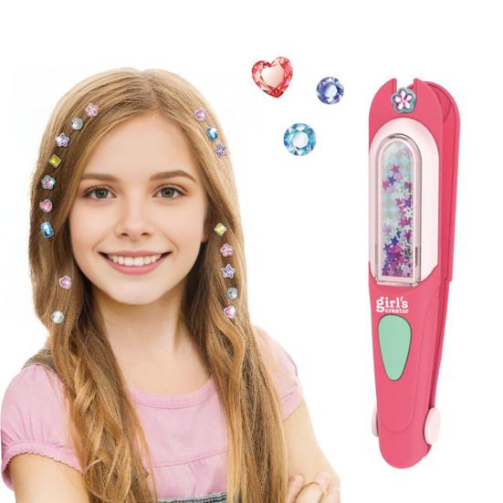 Glitter Rhinestone Tool Safe Kids Hair Gemstone Styling Set with Magnetic Pink Comb 24 Colorful Gem And Clips Creative
