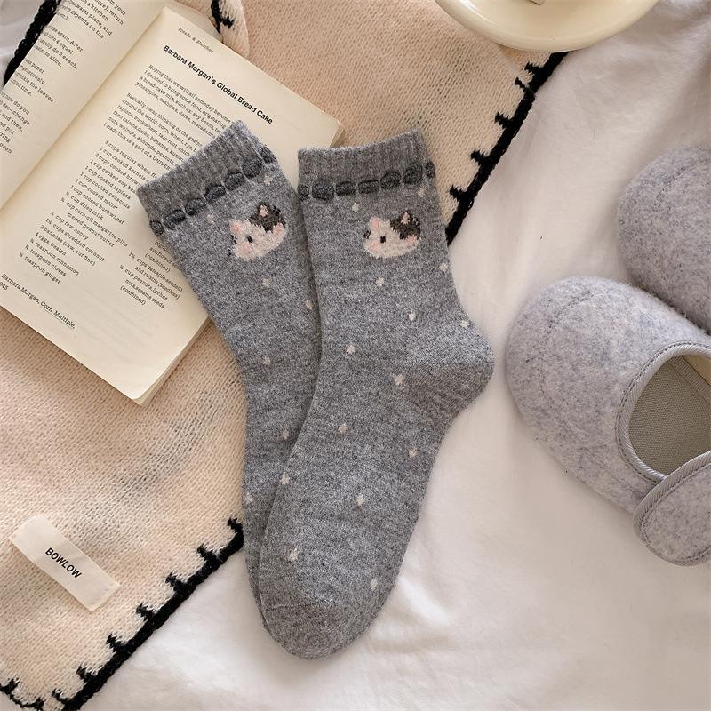 Heel Big Cat Socks, Women's Autumn and Winter Woolen Women's Socks, Thickened Warm Long Socks, Fluffy Mid-calf Socks