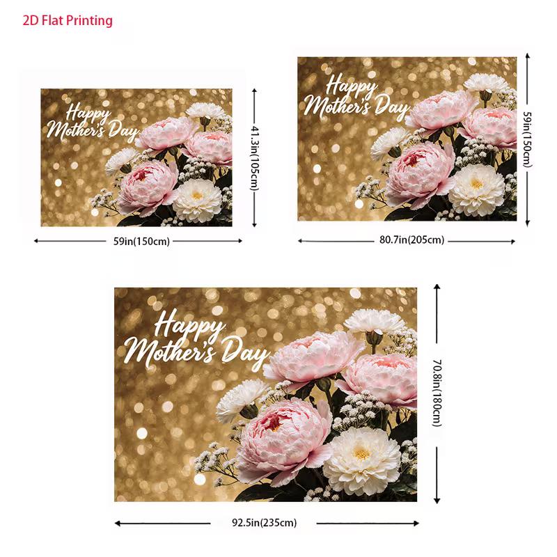 2D Happy Mother's Day Backdrop with Pink Peony and Gold Bokeh Photography Background