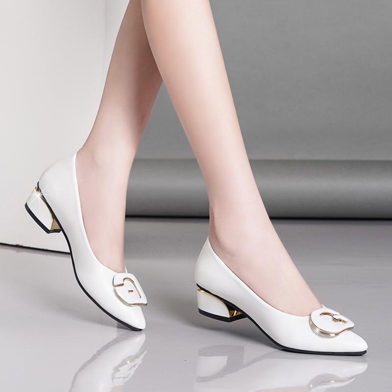 Pointed High Heels Women's Thick Heel Spring New Low Heel Medium Heel Women's Shoes Soft Leather Not Tired Feet Shallow Mouth Single Shoes