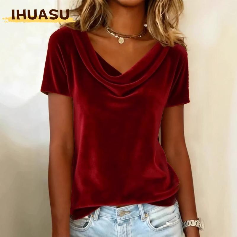 IHUASU Moda Donna Casual Tinta Unita Stampa Manica Corta Scollo a V Camicette e Camicie Design Unico