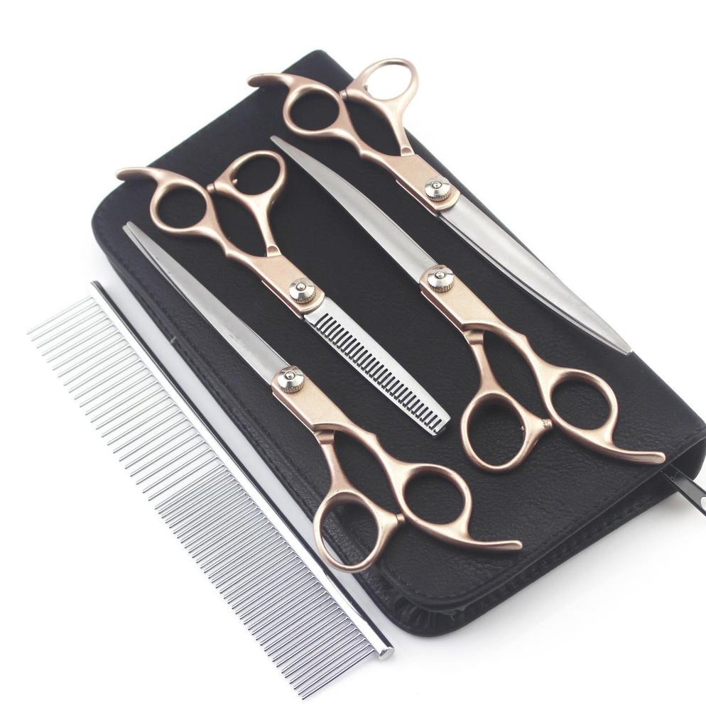 7" Gold Pattern 4-Piece Pet Grooming Scissors Set - Straight Shears with Separate Handle