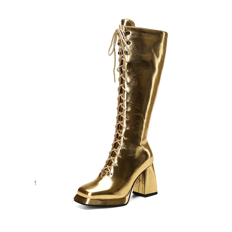 

Deluxe Silver Gogo Tall Boots for Women Gold Platform Knee High Boots in Metallic Block Heel Shoes PU Comfy Fall Winter Footwear 34 золотой