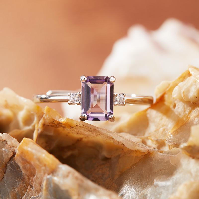 S925 Sterling Silver Natural Color Treasure Ring Female Citrine Amethyst Topa Garnet Sugar Cube Simple