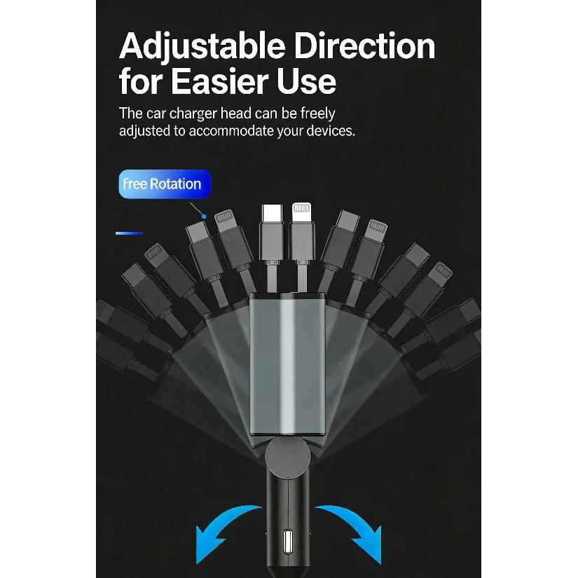 Car Charger USB Type C Adaptor 120W Fast Charge Retractable Charging Cable with Cords QC Adapter Car Charger For Iphone Android