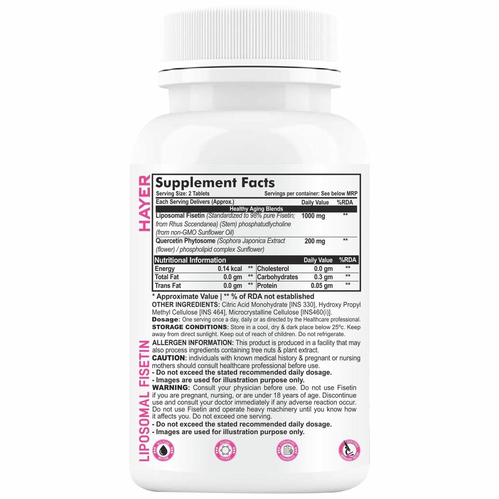 HAYER Liposomal Fisetin Supplement 1200mg With Quercetin, High Strength 99.98%+ Highly Purified and Bioavailable Senolytic Activator Supports Lon