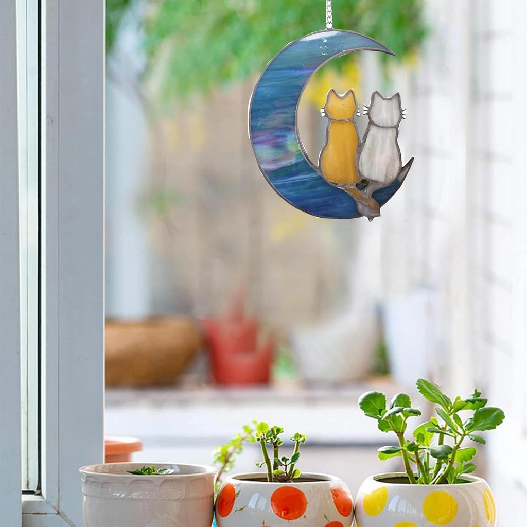 Blue Moon Cat Window Decoration Hanging,Alloy Cat Stained Painting Window Hangings, Acrylic Moon Decoration for Wall Courtyard Gift Pet Animal Cat